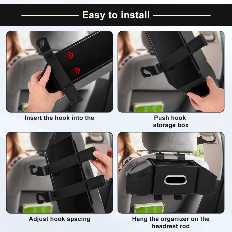 Hiitytin 7-In-1 Car Seat Back Organizer with Cup Holders  Tissue Box  Garbage Can&Hooks  Multifunctional Headrest Storage Organizer  Headrest Cup Holder for Backseat  Car Accessories for Trips  Travels(Black) - Image 4